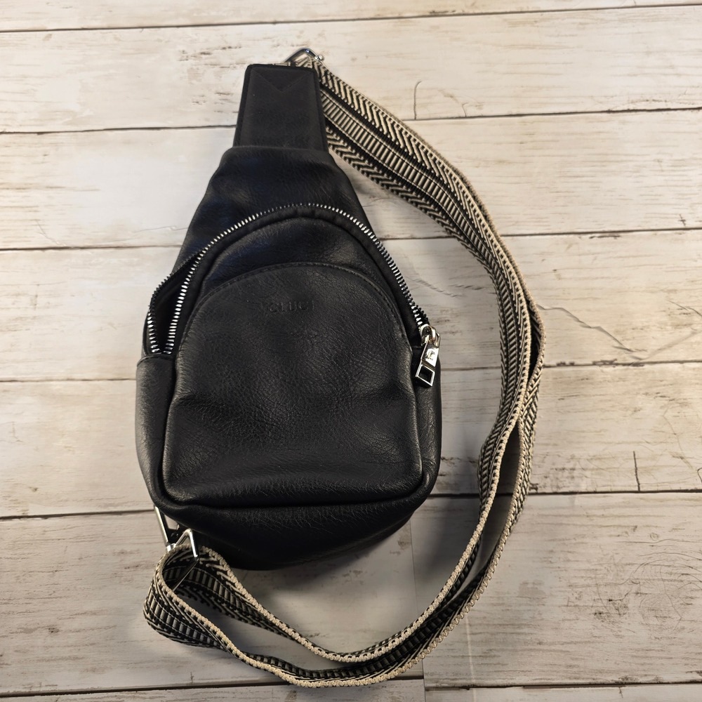 CLUCI Black Vegan Leather Sling Bag Crossbody Chest Pack Woven Guitar Strap